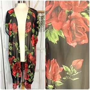 Red Rose Floral Print Open Front Short Sleeve Kimono Long Top Women's Plus 3X